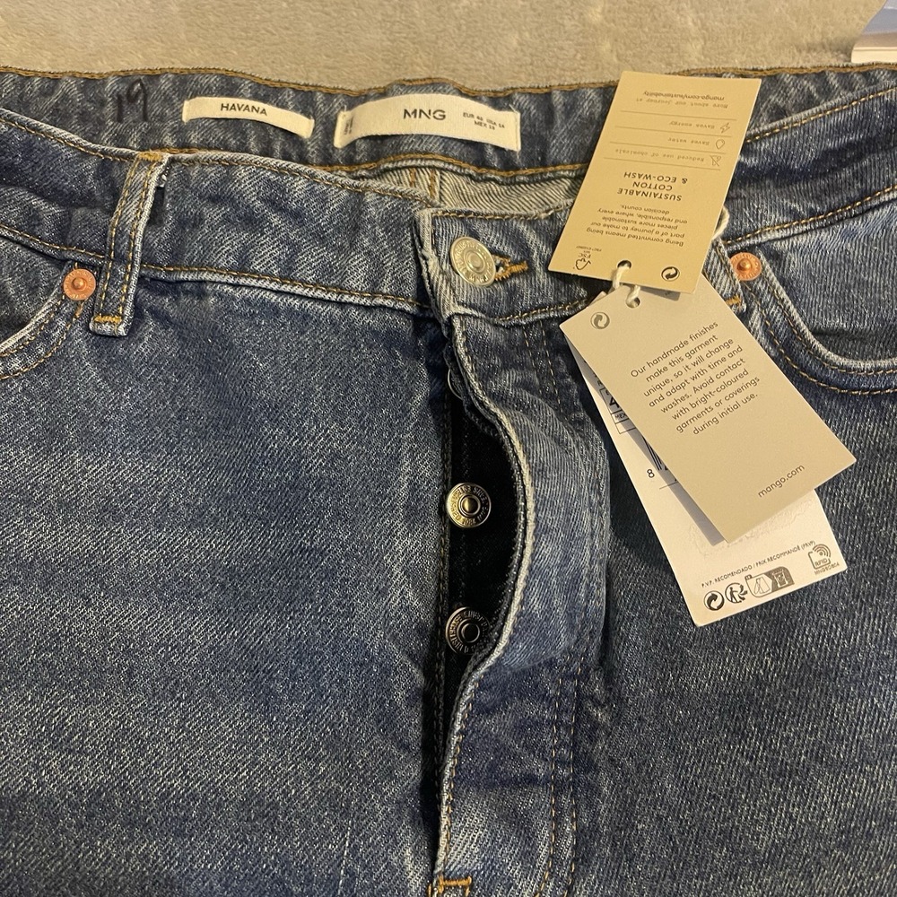 MNG Mango Havana Jeans Women 46 Blue Straight High Waist Cropped‎ Button Fly - Picture 9 of 16